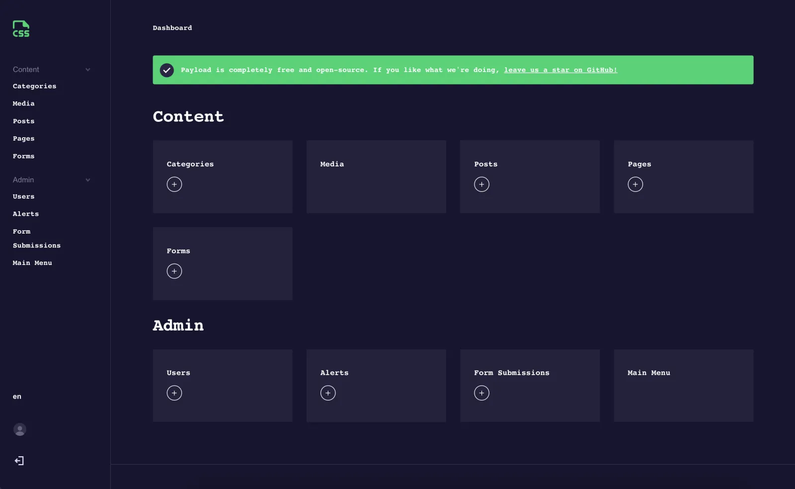 Dashboard de colecciones en Payload