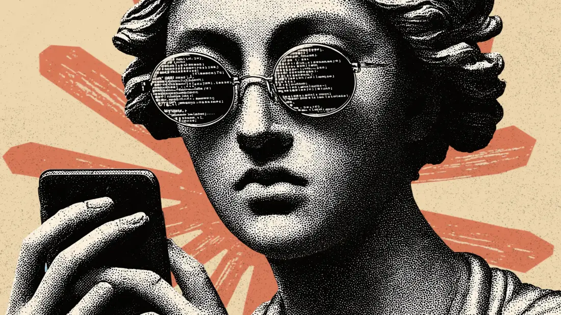 Busto clásico con lentes redondos que reflejan código, mirando un teléfono